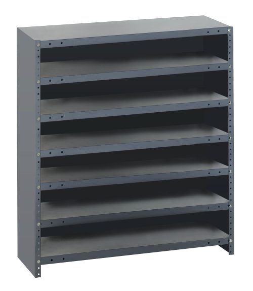 CL1239-000.jpg The Quantum Shelving Unit, closed and measuring 12D x 36L x 39H, features seven shelves with a heavy-duty design supporting up to 400 lbs per shelf. Made of galvanized steel, its industrial and minimalistic style offers effortless organization for any space.