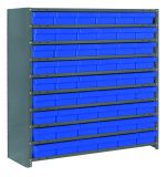 The Quantum Shelving Unit is a freestanding, heavy-duty metal shelf system with 10 shelves, each 12D x 36L x 39H, supporting up to 400 lbs. per shelf. It includes 54 blue plastic bins for efficient space utilization and organized storage. The unit features uprights and cross bars with a galvanized steel finish.