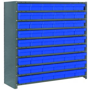 The Quantum Shelving Unit is a freestanding, heavy-duty metal shelf system with 10 shelves, each 12D x 36L x 39H, supporting up to 400 lbs. per shelf. It includes 54 blue plastic bins for efficient space utilization and organized storage. The unit features uprights and cross bars with a galvanized steel finish.