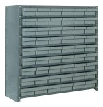 The Quantum Shelving Unit is a 12D x 36L x 39H heavy-duty storage solution with a galvanized steel finish. It features 10 shelves and 54 clear black bins (11-5/8L x 5-9/16W x 2-1/8H) for organized storage, with a load capacity of up to 400 lbs per shelf. Ideal for secure item organization.