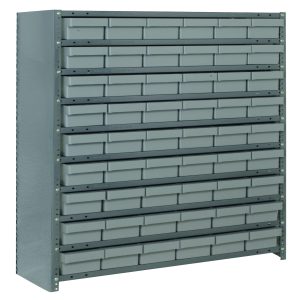 The Quantum Shelving Unit is a 12D x 36L x 39H heavy-duty storage solution with a galvanized steel finish. It features 10 shelves and 54 clear black bins (11-5/8L x 5-9/16W x 2-1/8H) for organized storage, with a load capacity of up to 400 lbs per shelf. Ideal for secure item organization.