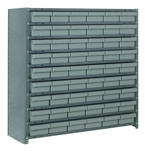 CL1239-401_GY.jpg The Quantum Shelving Unit is a 12D x 36L x 39H heavy-duty storage solution with a galvanized steel finish. It features 10 shelves and 54 clear black bins (11-5/8L x 5-9/16W x 2-1/8H) for organized storage, with a load capacity of up to 400 lbs per shelf. Ideal for secure item organization.