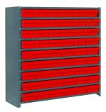 The Quantum Shelving Unit features a galvanized steel finish and an industrial look, boasting 10 shelves with 400 lb. load capacity each. Measuring 12D x 36L x 39H, it includes (54) Qed401 red/black bins that fit perfectly within its robust design of uprights and cross bars.