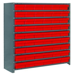 The Quantum Shelving Unit features a galvanized steel finish and an industrial look, boasting 10 shelves with 400 lb. load capacity each. Measuring 12D x 36L x 39H, it includes (54) Qed401 red/black bins that fit perfectly within its robust design of uprights and cross bars.
