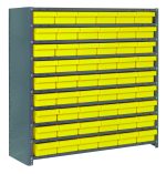 The Quantum Shelving Unit, sized 12D x 36L x 39H, holds 54 yellow Qed401 bins in a neat grid across its 10 shelves. Sporting a galvanized steel finish, this heavy-duty unit supports up to 400 lbs per shelf and ensures seamless organization with durable uprights and cross bars.