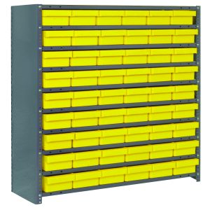 The Quantum Shelving Unit, sized 12D x 36L x 39H, holds 54 yellow Qed401 bins in a neat grid across its 10 shelves. Sporting a galvanized steel finish, this heavy-duty unit supports up to 400 lbs per shelf and ensures seamless organization with durable uprights and cross bars.