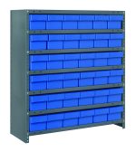 The Quantum Shelving Unit, measuring 12D x 36L x 39H, features seven galvanized steel shelves with a 400 lb. load capacity each and includes 36 blue-black bins (11-5/8L x 5-9/16W x 4-5/8H) arranged neatly, complete with recessed handles for easy access.