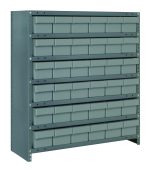 The Quantum Shelving Unit is a heavy-duty, galvanized steel cabinet that measures 12D x 36L x 39H. It includes seven shelves and 36 clear black bins for efficient organization, perfect for small item storage with a robust industrial design.