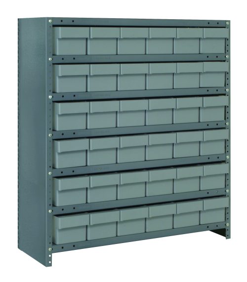 The Quantum Shelving Unit is a heavy-duty, galvanized steel cabinet that measures 12D x 36L x 39H. It includes seven shelves and 36 clear black bins for efficient organization, perfect for small item storage with a robust industrial design.