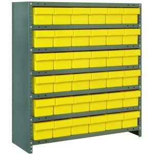 The Quantum Shelving Unit features a galvanized steel finish with seven shelves, each supporting up to 400 lbs. It includes 36 bright yellow bins (11-5/8L x 5-9/16W x 4-5/8H), ideal for organizing. Its closed design measures 12D x 36L x 39H and is perfect for any space.