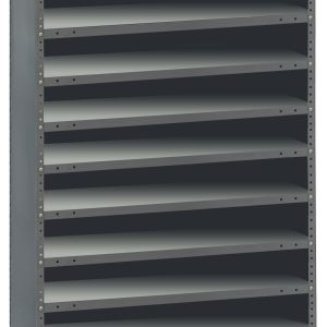 The Quantum Shelving Unit is a heavy-duty steel structure with 13 shelves, measuring 12D x 36L x 75H, featuring an industrial galvanized finish and each shelf supports up to 400 lbs. Ideal for books or items storage.