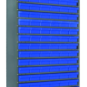 The Quantum Shelving Unit, measuring 12D x 36L x 75H, includes (27) blue plastic bins (QED401) of size 11-5/8L x 5-9/16W x 2-1/8H. These are neatly aligned on the heavy-duty structure with a galvanized steel finish, providing efficient storage and organization with its 19 shelves.
