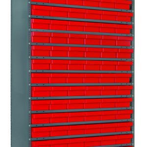 The Quantum Shelving Unit, measuring 12D x 36L x 75H, with a sturdy galvanized steel finish, includes 19 shelves and carries 27 QED401 red black bins (11-5/8L x 5-9/16W x 2-1/8H). It supports up to 400 lbs. per shelf and is ideal for organizing tools in industrial settings.