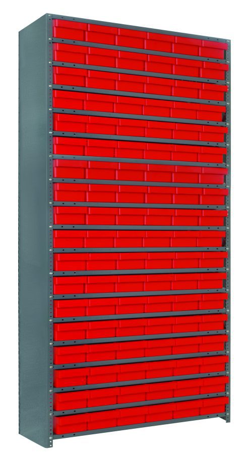 CL1275-401_RD.jpg The Quantum Shelving Unit, measuring 12D x 36L x 75H, with a sturdy galvanized steel finish, includes 19 shelves and carries 27 QED401 red black bins (11-5/8L x 5-9/16W x 2-1/8H). It supports up to 400 lbs. per shelf and is ideal for organizing tools in industrial settings.