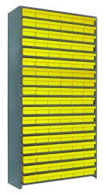 The Quantum Shelving Unit, measuring 12D x 36L x 75H, includes 19 shelves and features 27 sturdy yellow black bins (11-5/8L x 5-9/16W x 2-1/8H, QED401). Made of galvanized steel with a load capacity of 400 lbs per shelf, it efficiently organizes contents for easy access.