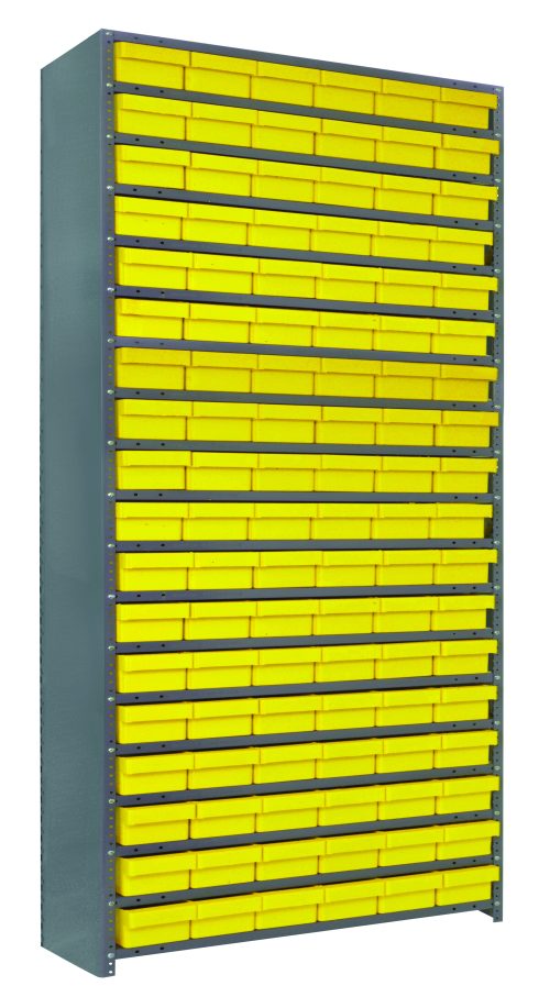 The Quantum Shelving Unit, measuring 12D x 36L x 75H, includes 19 shelves and features 27 sturdy yellow black bins (11-5/8L x 5-9/16W x 2-1/8H, QED401). Made of galvanized steel with a load capacity of 400 lbs per shelf, it efficiently organizes contents for easy access.