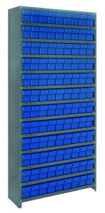 The Quantum Shelving Unit, 12D x 36L x 75H, with a 400 lb. load capacity per shelf, includes 13 shelves and 108 blue bins (11-5/8L x 3-3/4W x 4-5/8H) for efficient organization. Made of galvanized steel, it forms a tidy grid-like structure with snug rows of bins.