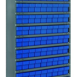 The Quantum Shelving Unit, 12D x 36L x 75H, with a 400 lb. load capacity per shelf, includes 13 shelves and 108 blue bins (11-5/8L x 3-3/4W x 4-5/8H) for efficient organization. Made of galvanized steel, it forms a tidy grid-like structure with snug rows of bins.