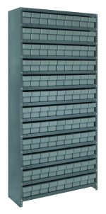 The tall Quantum Shelving Unit, measuring 12D x 36L x 75H, includes 13 shelves with 108 gray-black bins. Each bin is sized at 11-5/8L x 3-3/4W x 4-5/8H and features a central groove. This heavy-duty unit, made of galvanized steel and supporting up to 400 lbs per shelf, is perfect for organized storage.