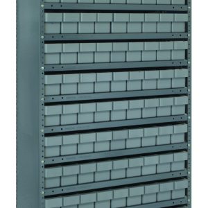 The tall Quantum Shelving Unit, measuring 12D x 36L x 75H, includes 13 shelves with 108 gray-black bins. Each bin is sized at 11-5/8L x 3-3/4W x 4-5/8H and features a central groove. This heavy-duty unit, made of galvanized steel and supporting up to 400 lbs per shelf, is perfect for organized storage.