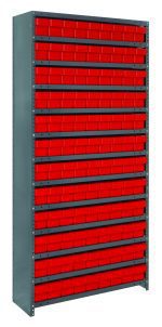A Quantum Shelving Unit, 12D x 36L x 75H, features a heavy-duty load capacity of 400 lbs per shelf and includes 13 shelves filled with neatly arranged Qed501 red/black bins. Made of galvanized steel, it provides organized and efficient storage with its multiple rows of sturdy red storage bins.