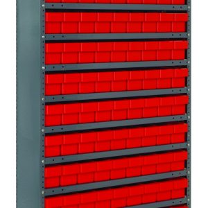 A Quantum Shelving Unit, 12D x 36L x 75H, features a heavy-duty load capacity of 400 lbs per shelf and includes 13 shelves filled with neatly arranged Qed501 red/black bins. Made of galvanized steel, it provides organized and efficient storage with its multiple rows of sturdy red storage bins.