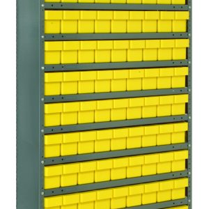 The Quantum Shelving Unit is a closed, heavy-duty storage system measuring 12D x 36L x 75H. It offers a 400 lb. load capacity per shelf and features (13) evenly spaced shelves, (108) yellow bins (11-5/8x3-3/4x4-5/8), upright cross bars, and a galvanized steel finish. Perfect for tool organization.