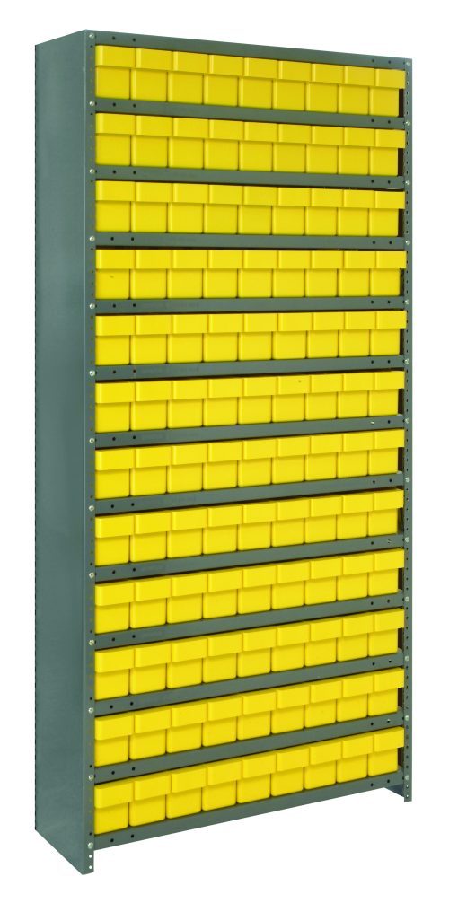 The Quantum Shelving Unit is a closed, heavy-duty storage system measuring 12D x 36L x 75H. It offers a 400 lb. load capacity per shelf and features (13) evenly spaced shelves, (108) yellow bins (11-5/8x3-3/4x4-5/8), upright cross bars, and a galvanized steel finish. Perfect for tool organization.