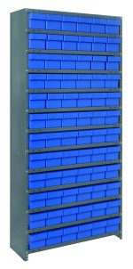 The Quantum Shelving Unit is a 12D x 36L x 75H heavy-duty unit with a galvanized steel finish and a 400 lb. load capacity per shelf. It includes 13 shelves and features organized storage with (72) blue Qed601 bins, creating a closed grid pattern across the front.
