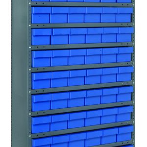 The Quantum Shelving Unit is a 12D x 36L x 75H heavy-duty unit with a galvanized steel finish and a 400 lb. load capacity per shelf. It includes 13 shelves and features organized storage with (72) blue Qed601 bins, creating a closed grid pattern across the front.