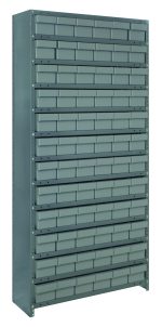 The Quantum Shelving Unit, measuring 12D x 36L x 75H, features a galvanized steel finish and includes 72 gray-black bins and 13 shelves. Each bin is easy to access, making it ideal for organizing items in this heavy-duty storage solution with a load capacity of 400 lbs per shelf.
