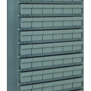 The Quantum Shelving Unit, measuring 12D x 36L x 75H, features a galvanized steel finish and includes 72 gray-black bins and 13 shelves. Each bin is easy to access, making it ideal for organizing items in this heavy-duty storage solution with a load capacity of 400 lbs per shelf.