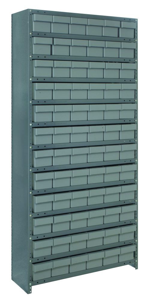 The Quantum Shelving Unit, measuring 12D x 36L x 75H, features a galvanized steel finish and includes 72 gray-black bins and 13 shelves. Each bin is easy to access, making it ideal for organizing items in this heavy-duty storage solution with a load capacity of 400 lbs per shelf.