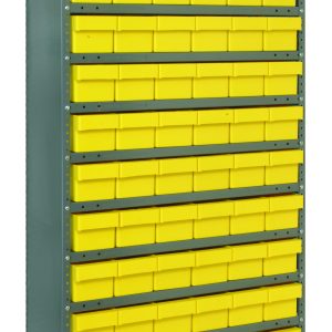 The Quantum Shelving Unit is a heavy-duty, 75 tall storage system with 13 shelves, each holding up to 400 lbs. It includes 72 yellow bins and features a closed design with uprights and cross bars for secure storage, all in a durable galvanized steel finish.
