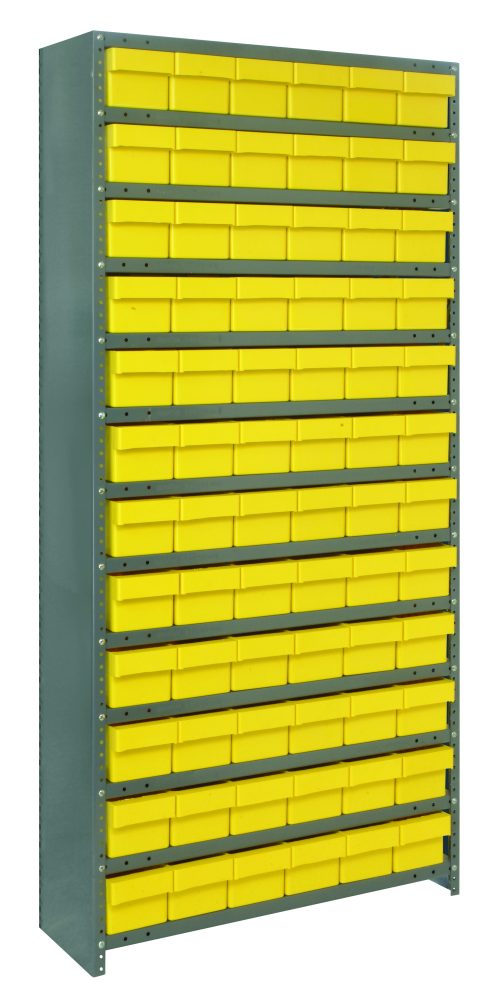 The Quantum Shelving Unit is a heavy-duty, 75 tall storage system with 13 shelves, each holding up to 400 lbs. It includes 72 yellow bins and features a closed design with uprights and cross bars for secure storage, all in a durable galvanized steel finish.