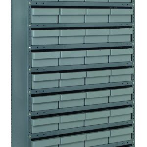 The Quantum Shelving Unit is 75 high with galvanized steel finish, featuring 13 shelves and 48 gray-black bins for efficiently organizing small parts. Its heavy-duty with a load capacity of 400 lbs per shelf, boasting a sturdy industrial appearance perfect for your storage needs.