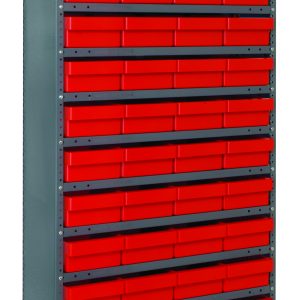 The Quantum Shelving Unit, with a galvanized steel frame and 13 shelves, offers a 400 lb. load capacity per shelf. Measuring 12D x 36L x 75H, it features evenly stacked red and black bins for an organized heavy-duty storage solution.