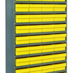 The Quantum Shelving Unit features a closed, heavy-duty design (12D x 36L x 75H) with a 400 lb. capacity per shelf and includes 13 shelves and 48 yellow plastic bins for organizing small parts or tools efficiently, complete with galvanized steel uprights and cross bars.