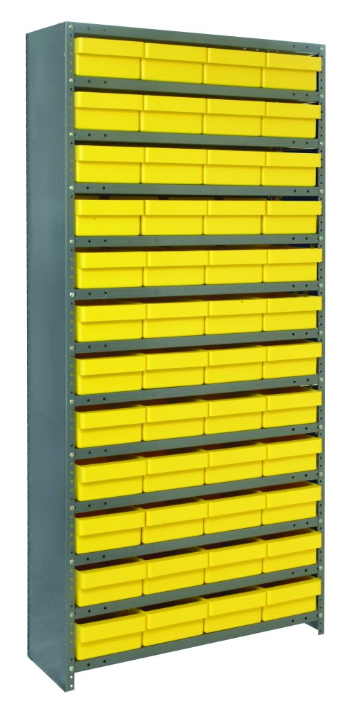 The Quantum Shelving Unit features a closed, heavy-duty design (12D x 36L x 75H) with a 400 lb. capacity per shelf and includes 13 shelves and 48 yellow plastic bins for organizing small parts or tools efficiently, complete with galvanized steel uprights and cross bars.