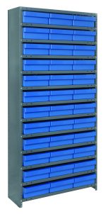 The Quantum Shelving Unit, measuring 12D x 36L x 75H, includes 13 shelves with a heavy-duty capacity of 400 lbs per shelf. It features a galvanized steel finish and comes with 36 blue plastic bins, ideal for efficient tool or material organization.