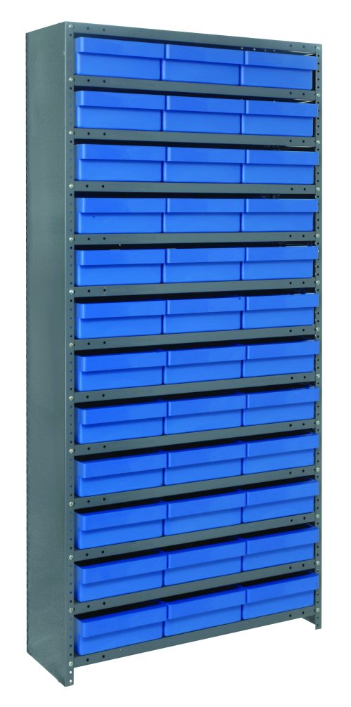 The Quantum Shelving Unit, measuring 12D x 36L x 75H, includes 13 shelves with a heavy-duty capacity of 400 lbs per shelf. It features a galvanized steel finish and comes with 36 blue plastic bins, ideal for efficient tool or material organization.