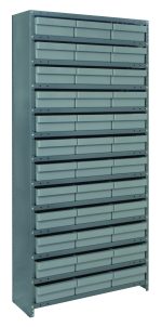 The Quantum Shelving Unit is a tall, heavy-duty storage solution crafted from galvanized steel. It features 13 shelves and 36 gray-black bins, with each shelf handling up to 400 lbs. Ideal for organizing tools or small items, it measures 12D x 36L x 75H.