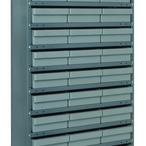 The Quantum Shelving Unit is a tall, heavy-duty storage solution crafted from galvanized steel. It features 13 shelves and 36 gray-black bins, with each shelf handling up to 400 lbs. Ideal for organizing tools or small items, it measures 12D x 36L x 75H.