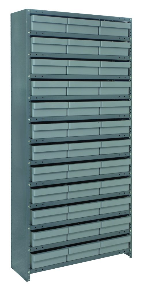 The Quantum Shelving Unit is a tall, heavy-duty storage solution crafted from galvanized steel. It features 13 shelves and 36 gray-black bins, with each shelf handling up to 400 lbs. Ideal for organizing tools or small items, it measures 12D x 36L x 75H.