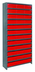 The Quantum Shelving Unit features a heavy-duty galvanized steel frame, 12D x 36L x 75H, with a 400 lb. load capacity per shelf. It includes 13 shelves and 36 red black bins (11-5/8L x 11-1/8W x 4-5/8H), perfect for organizing tools or small items in a uniform setup.