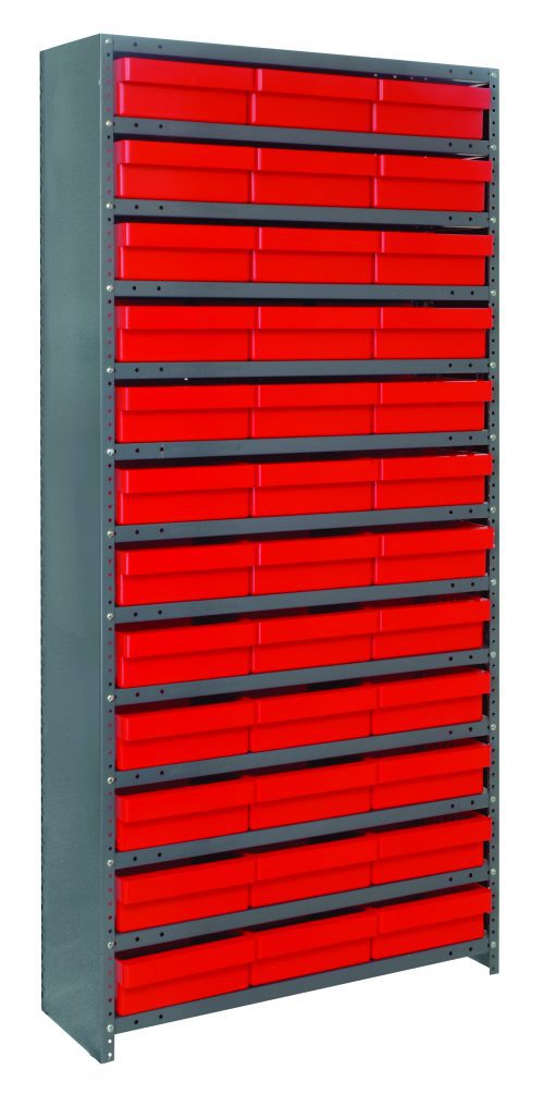 The Quantum Shelving Unit features a heavy-duty galvanized steel frame, 12D x 36L x 75H, with a 400 lb. load capacity per shelf. It includes 13 shelves and 36 red black bins (11-5/8L x 11-1/8W x 4-5/8H), perfect for organizing tools or small items in a uniform setup.