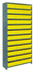The Quantum Shelving Unit is a heavy-duty 75 tall storage solution with a galvanized steel finish, featuring 13 shelves, each with a 400 lb load capacity. It includes 36 bright yellow Qed801 bins for organizing tools or small parts in workshops or garages. Dimensions: 12D x 36L x 75H.