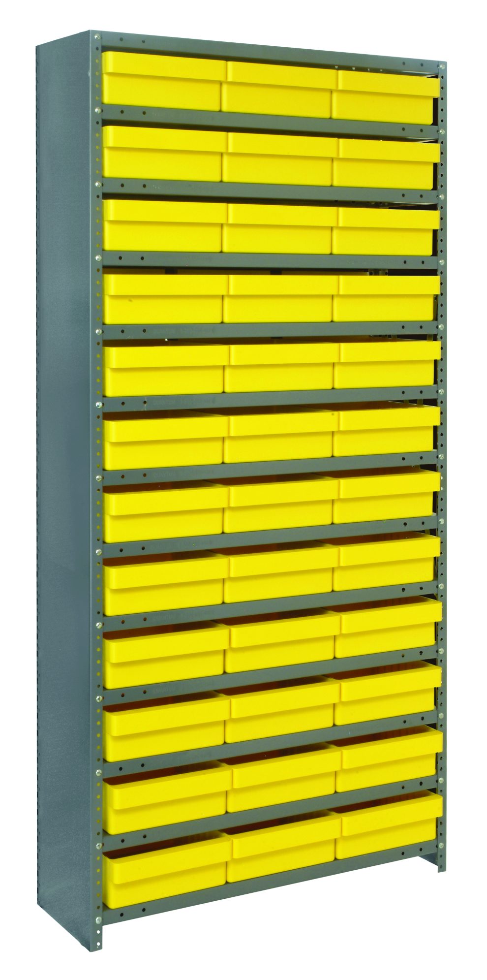 Closed steel shelving unit filled with rows of yellow open-front plastic parts bins