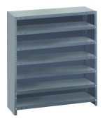 The Quantum Shelving Unit, a heavy-duty, galvanized steel structure measuring 18D x 36L x 39H, features seven evenly spaced shelves with a 400 lb. load capacity each. Its industrial design with rivets provides versatile storage options for essentials.