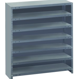 The Quantum Shelving Unit, a heavy-duty, galvanized steel structure measuring 18D x 36L x 39H, features seven evenly spaced shelves with a 400 lb. load capacity each. Its industrial design with rivets provides versatile storage options for essentials.